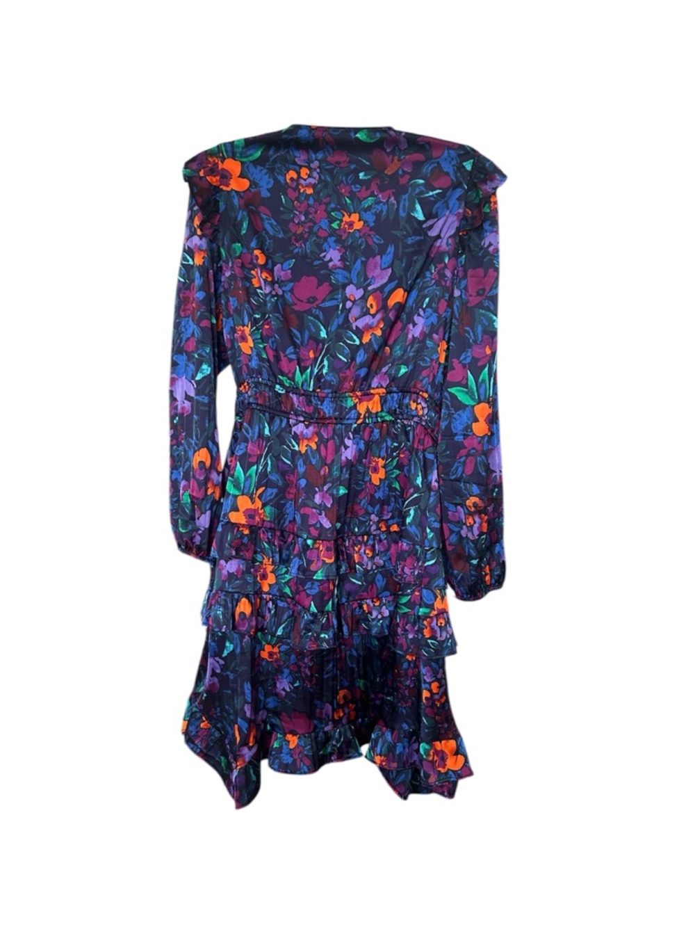 Floral Ruffled Long-Sleeve Midi Dress in Navy with Purple & Orange Flowers